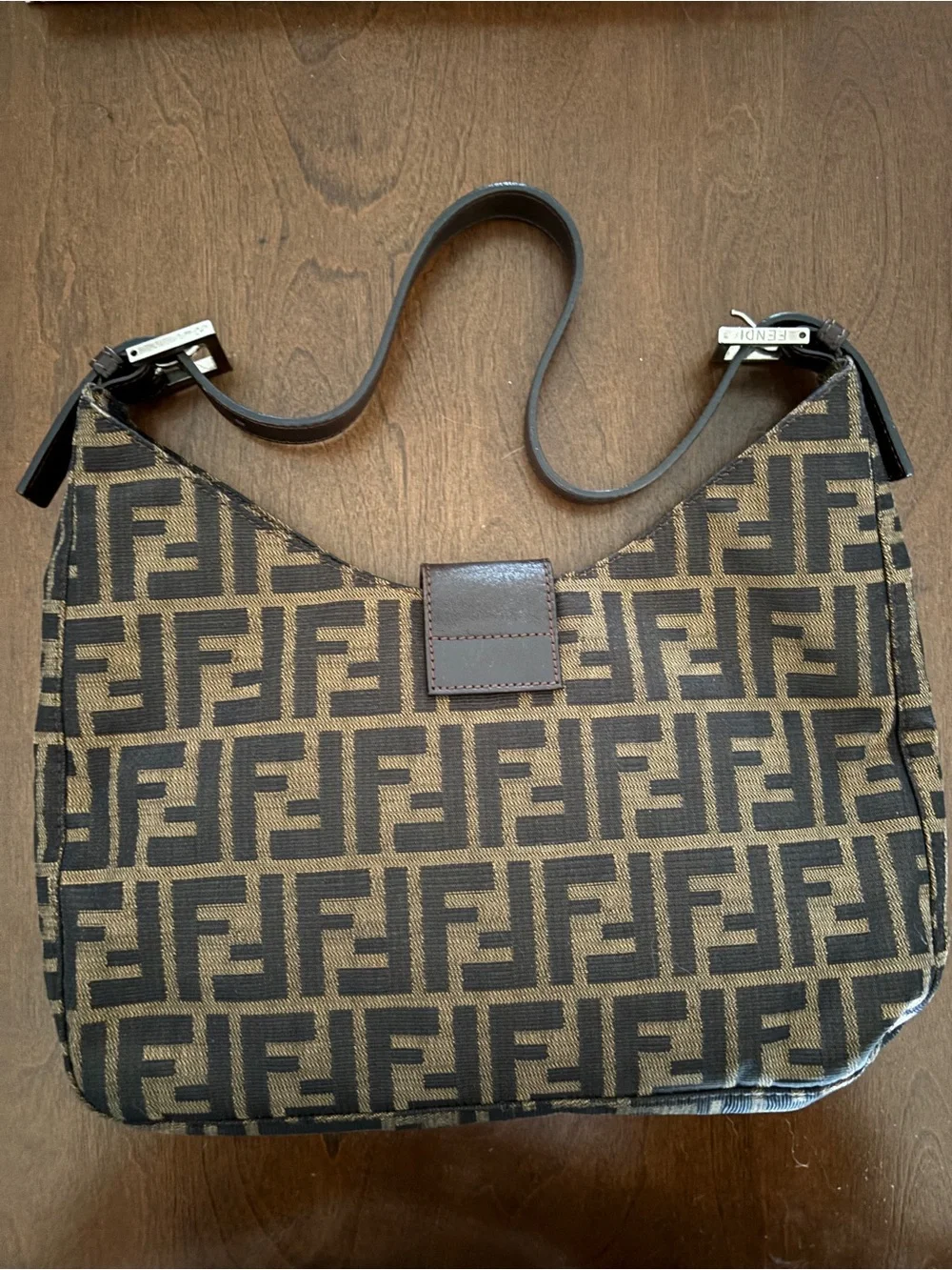 Fendi Black and Brown FF Logo Shoulder Baguette